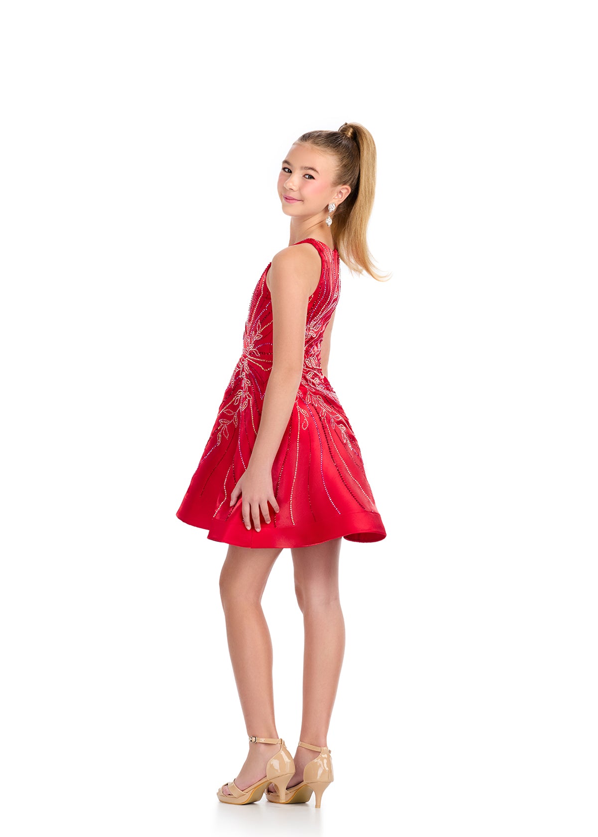 Back - Red ASHLEYlauren 8316 Satin Cocktail Dress with Crew Neckline, Press-On Stone Beading, and A-Line Skirt