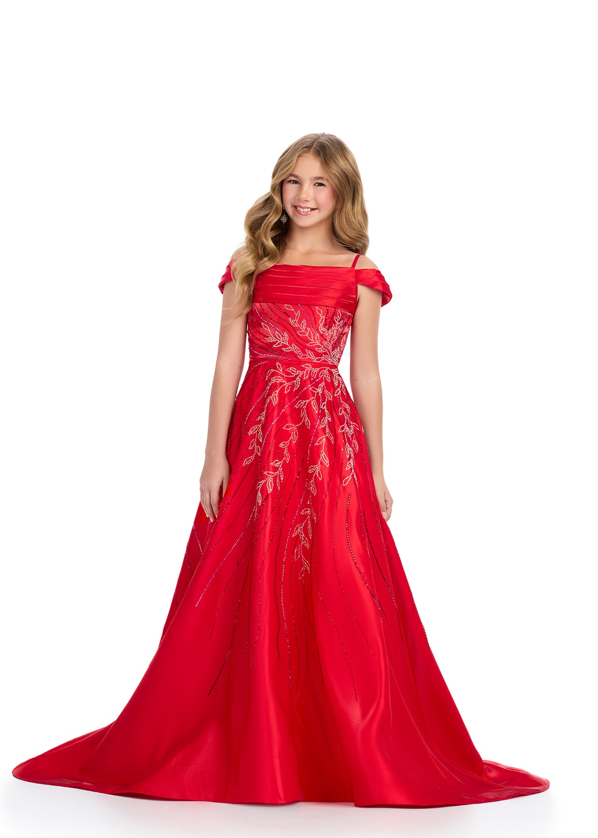Red ASHLEYlauren 8317 Satin Ball Gown with Off-Shoulder Design, Press-On Stone Beading, and Flowing A-Line Skirt with Train