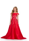 Red ASHLEYlauren 8317 Satin Ball Gown with Off-Shoulder Design, Press-On Stone Beading, and Flowing A-Line Skirt with Train