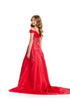 Back - Red ASHLEYlauren 8317 Satin Ball Gown with Off-Shoulder Design, Press-On Stone Beading, and Flowing A-Line Skirt with Train