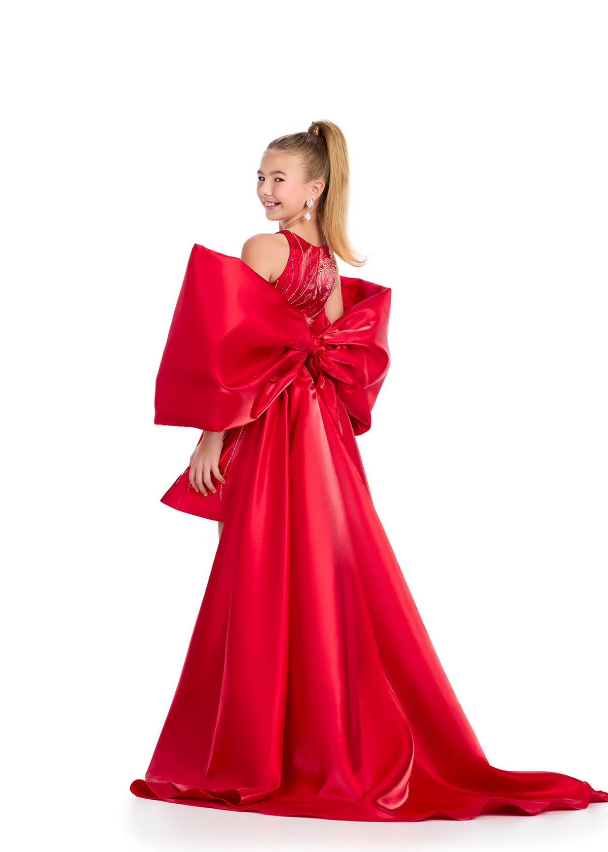 Back - Red ASHLEYlauren 8321 Satin Bow Overskirt with Oversized Bow and Back Skirt Detail
