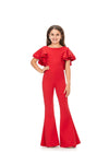 Red ASHLEYlauren Kids 8156 versatile scuba jumpsuit featuring a classic crew neckline, playful ruffle sleeves, and flare bottom pants for a fun and stylish look.