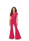 Red ASHLEYlauren Kids 8157 stylish scuba jumpsuit featuring a crew neckline, cap sleeves, ruched waist detail, and flare pants for a polished and elegant look.