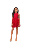 Red ASHLEYlauren Kids 8176 fabulous feather cocktail dress featuring a crew neckline, open back, crystal-encrusted waistband, and a full feather skirt accented with scattered crystals for a glamorous and standout look.