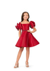Red ASHLEYlauren Kids 8223 Off Shoulder Phantom Satin Dress with Pearl Belt and Bow Sleeves