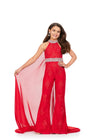 Red ASHLEYlauren Kids 8225 Embroidered Lace Jumpsuit with Chiffon Cape and Jeweled Belt