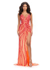 Red/Coral ASHLEYlauren 11236 strapless gown featuring a sweetheart neckline, modern floral sequin motif cascading down the bustier and skirt, and a left leg slit for a glamorous and head-turning look.