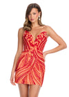 Red/Coral ASHLEYlauren 4500 strapless gown featuring a plunging V-neckline, ornate sequin bead pattern, and striking V-back for a bold and glamorous look.