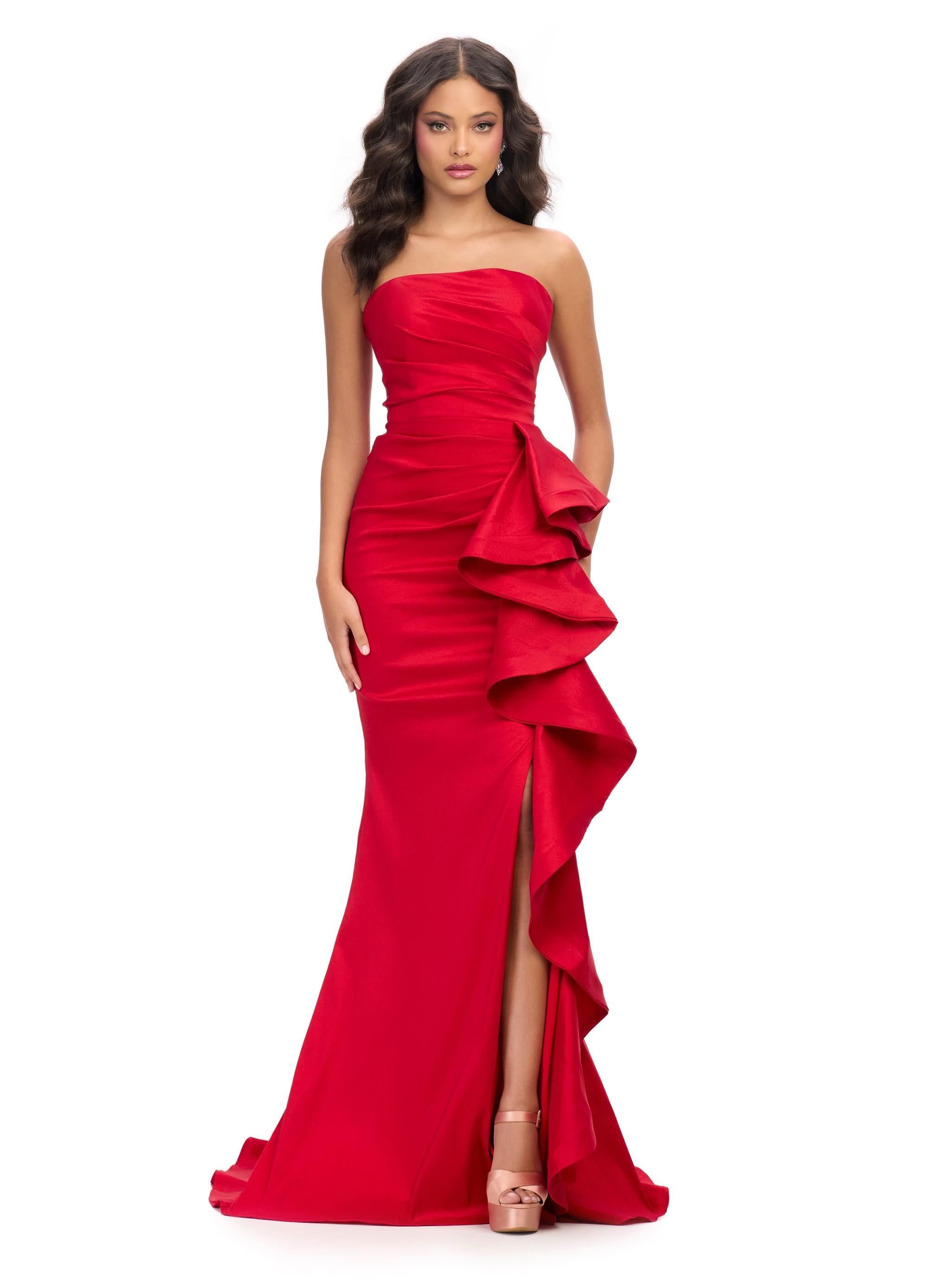 Red Peacock ASHLEYlauren 11751 Strapless Taffeta Gown with Elegant Ruched Bodice, Dramatic Cascading Ruffle Detail, and Left Leg Slit
