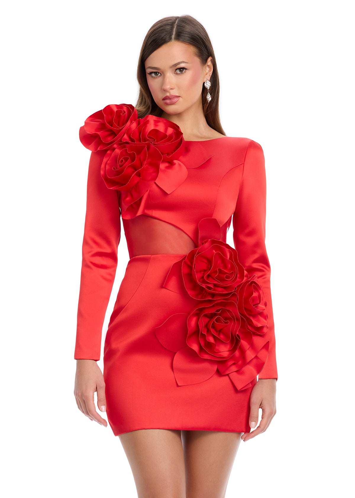 Red ASHLEYlauren 4805 Satin Dress with High Neckline, Illusion Cut-Out, Lace-Up Open Back, and Asymmetrical 3D Flower Details