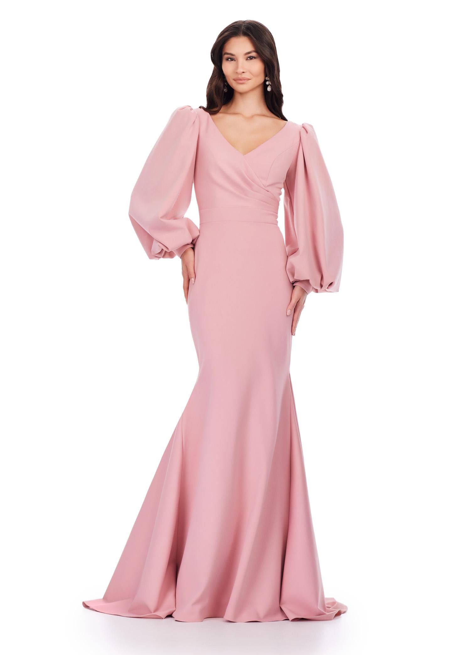 Rose ASHLEYlauren 11345 Elegant Fitted Scuba Evening Gown with Draped V-Neckline, Flowing Bishop Sleeves, and Sweep Train