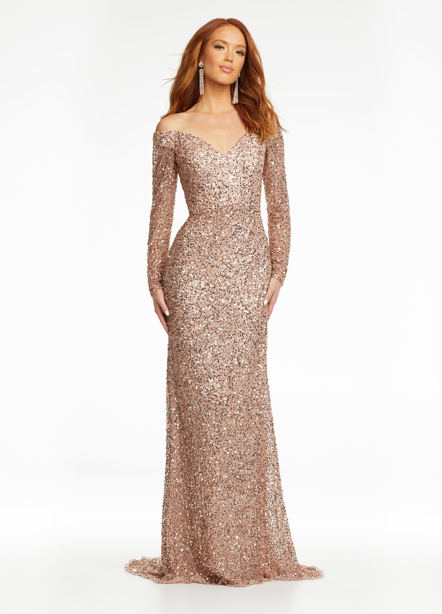 Rose Gold ASHLEYlauren 11176 off shoulder sequin gown featuring long sleeves, a fitted silhouette, an inner corset for added structure, and a sweeping train for a dramatic and glamorous look.