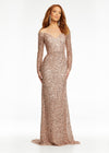 Rose Gold ASHLEYlauren 11176 off shoulder sequin gown featuring long sleeves, a fitted silhouette, an inner corset for added structure, and a sweeping train for a dramatic and glamorous look.