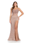Rose Gold ASHLEYlauren 11236 jaw-dropping strapless gown featuring a fitted silhouette, corset bustier with stunning crystal beadwork, a fully beaded wrap skirt, and a left leg slit for a glamorous red carpet-worthy look.