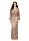 Rose Gold ASHLEYlauren 11302 Elegant Fully Hand Beaded Sequin Gown with V-Neckline, Flowing Dolman Sleeves, and Intricate Floral Beading at Waistline
