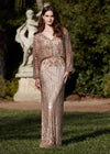 Rose Gold ASHLEYlauren 11302 Elegant Fully Hand Beaded Sequin Gown with V-Neckline, Flowing Dolman Sleeves, and Intricate Floral Beading at Waistline