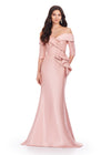 Rose Gold ASHLEYlauren 11324 Elegant Off Shoulder Fitted Mermaid Gown in Phantom Satin with Statement Ruffle Detail at the Hip