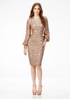 Rose Gold ASHLEYlauren 4496 elegant fully sequin gown featuring a crew neckline, bishop sleeves, fitted tea-length skirt, and full zipper back for a sophisticated and timeless look.