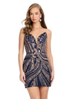 Rose_Gold_Navy ASHLEYlauren 4500 strapless gown featuring a plunging V-neckline, ornate sequin bead pattern, and striking V-back for a bold and glamorous look.