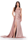 Rose gold ASHLEYlauren 11537 one shoulder satin gown featuring a ruched bustier, beaded crystal straps and waist accents, and a draped side skirt for an elegant, glamorous finish.