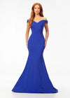 Royal ASHLEYlauren 11025 off shoulder scuba gown featuring a sweetheart neckline, signature crisscross strappy back, fitted silhouette, and a sweep train for an elegant and sophisticated look.