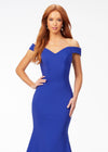 Royal ASHLEYlauren 11025 off shoulder scuba gown featuring a sweetheart neckline, signature crisscross strappy back, fitted silhouette, and a sweep train for an elegant and sophisticated look.