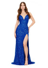 Royal ASHLEYlauren 11037 fully hand-beaded gown featuring adjustable spaghetti straps, a V-neckline, wide waistband to accentuate curves, lace-up back, and a left leg slit for an elegant and figure-enhancing look.