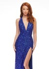 ASHLEYlauren 11065 Hand Beaded Gown with Plunging Halter Neckline, Left Leg Slit, and Low Back