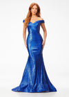 Royal ASHLEYlauren 11107 Off-Shoulder Sequin Gown with Criss-Cross Open Back, Fit & Flare Silhouette, and Horsehair Hem