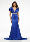 Royal ASHLEYlauren 11130 elegant satin gown featuring a V-neckline, V-back, draped ruffle shoulder detail, intricately beaded waistline, and a sweeping train for a sophisticated and glamorous look.