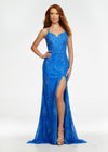 Royal ASHLEYlauren 11145 Lace Gown with Spaghetti Straps, Lace Applique, Heat Press Stones, Lace-Up Back, and Left Leg Slit