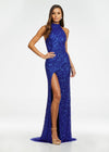 Royal ASHLEYlauren 11174 Fully Hand-Beaded Sequin Gown with Halter Neckline, Full Back, and Right Leg Slit