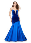 Royal ASHLEYlauren 11264 show-stopping mermaid gown featuring a deep V-neckline, luxurious velvet bustier, asymmetrical satin flare skirt, and a sweep train for a bold and glamorous statement look.