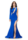 Royal ASHLEYlauren 11272 one sleeve jersey gown featuring an illusion cut-out bustier, left leg slit, and press-on stone trim for a glamorous and modern look.