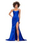 Royal ASHLEYlauren 11298 satin gown featuring a modified sweetheart neckline with crystal trim, ruched bodice, wrap skirt with left leg slit, and lace-up back.