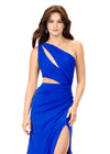 Royal ASHLEYlauren 11303 One Shoulder Jersey Gown with Ruched Bodice, Asymmetrical Cut Outs, Fitted Wrap Skirt, and Exposed Metal Zipper Back