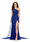 Royal ASHLEYlauren 11371 dazzling one shoulder sequin gown featuring a fully hand-beaded design, a detachable chiffon cape, and a left leg slit, available in vibrant color options for a bold and glamorous statement look.