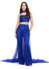 Royal ASHLEYlauren 11385 statement two-piece jumpsuit featuring an intricately hand-beaded bustier and pants, a matching beaded choker, and a dramatic chiffon cape for a bold and fashion-forward look.