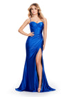 Royal ASHLEYlauren 11549 Red Carpet Ready Shimmer Jersey Gown with Spaghetti Straps, Structured Corset Bustier, Ruched Hip Detail, and Left Leg Slit