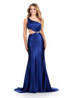 Royal ASHLEYlauren 11577 Elegant One Shoulder Fitted Satin Gown with Draped Bodice, Side Cut Out, and Sparkling Crystal Brooch Accent