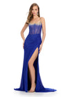 Royal ASHLEYlauren 11616 Spaghetti Strap Gown with Beaded Corset Bustier, Press On Stone Embellishments, and Left Leg Slit