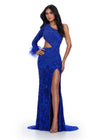 Royal ASHLEYlauren 11649 One Shoulder Fully Beaded Gown with Intricate Beading, Side Cut Out, Feather Cuff Detail, Left Leg Slit, and Sweep Train