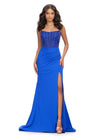 Royal ASHLEYlauren 11664 fitted jersey gown featuring a fully beaded corset bustier, spaghetti straps, lace-up back, ruched waist detailing, and a left leg slit for a sleek and glamorous look.