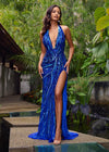 Royal ASHLEYlauren 11670 Intricately Beaded Gown with Deep V-Neckline, Sheer Side Cut Outs, Open V-Back, and Left Leg Slit