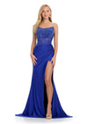 Royal ASHLEYlauren 11690 Glamorous Strapless Gown with Exposed Corset Boning Encrusted in Press On Stones, Ruched Skirt, and Left Leg Slit