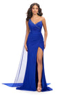 Royal ASHLEYlauren 11736 glamorous one shoulder gown featuring press-on stone embellishments, a dramatic one shoulder cape, and a left leg slit for an elegant and show-stopping look.