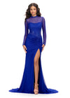 Royal ASHLEYlauren 11742 glamorous evening gown featuring a mesh high neckline, ruched waistline, press-on stone embellishments, left leg slit, and a sweep train for an elegant and sophisticated look.