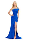 Royal ASHLEYlauren 11749 Elegant One Shoulder Satin Gown with Beaded Strap Detail, Flattering Ruched Bodice, Left Leg Slit, Wrap Skirt, and Sweep Train