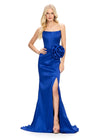 Royal ASHLEYlauren 11752 bold strapless taffeta gown featuring a corset bustier, oversized flower detail at the hip, left leg slit, and elegant sweep train for a show-stopping silhouette.