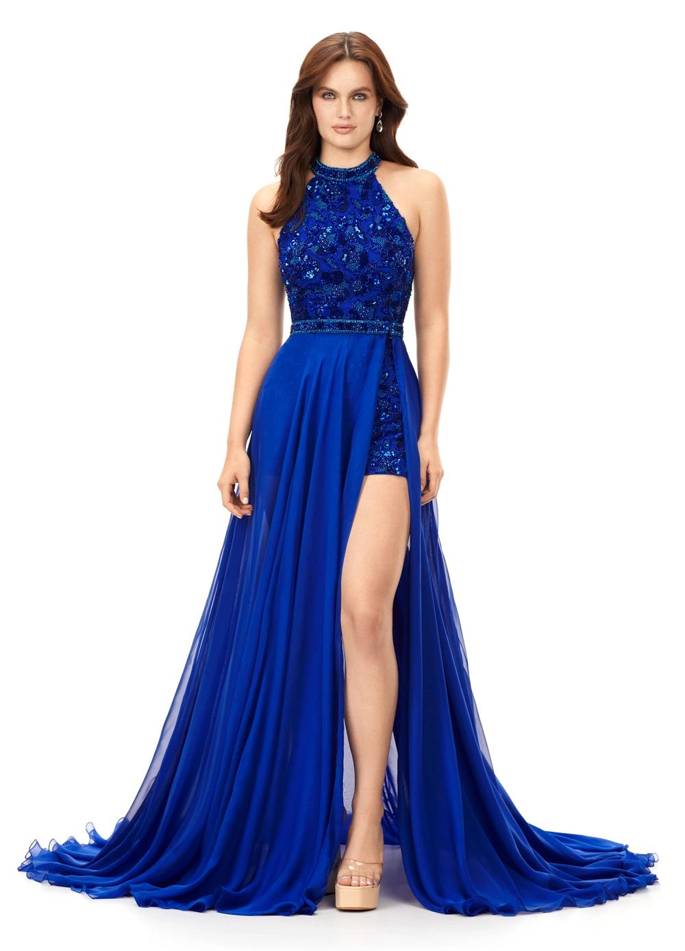 Royal ASHLEYlauren 13354 hand-beaded romper featuring an intricate floral motif, halter neckline, beaded belt, and a detachable chiffon overskirt for a glamorous and versatile look.